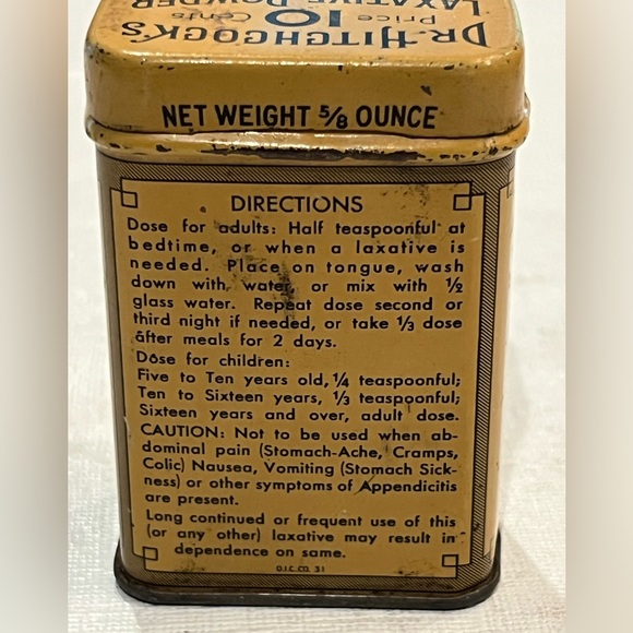 Sold Antique camel colored rectangular “Dr. Hitchcock’s Laxative Powder” tin. - Picture 4 of 8